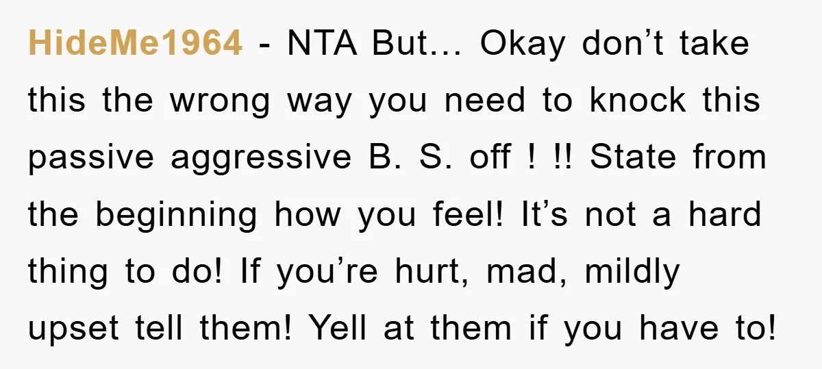 HideMe1964 − NTA But… Okay don’t take this the wrong way you need to knock this passive aggressive B. S. off ! !! State from the beginning how you feel!...