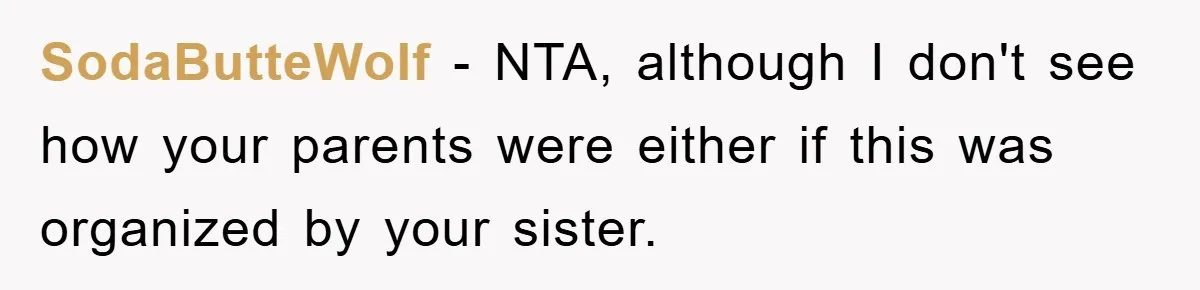 SodaButteWolf − NTA, although I don't see how your parents were either if this was organized by your sister.