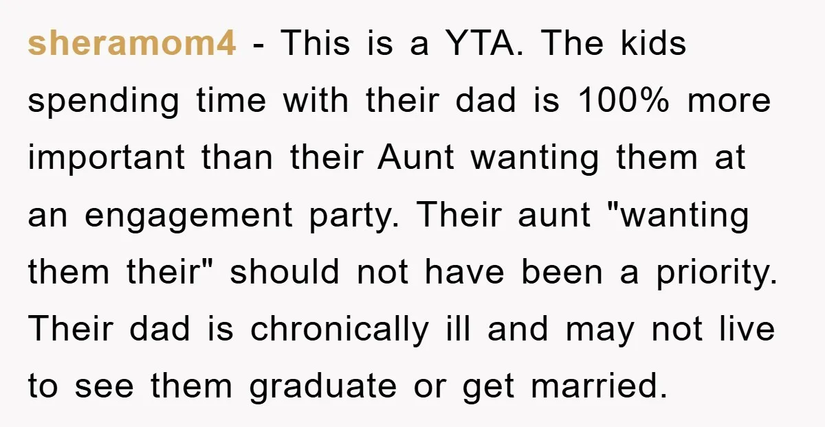 sheramom4 − This is a YTA. The kids spending time with their dad is 100% more important than their Aunt wanting them at an engagement party. Their aunt "wanting them...