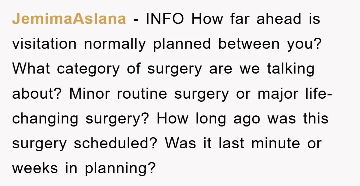 JemimaAslana − INFO How far ahead is visitation normally planned between you? What category of surgery are we talking about? Minor routine surgery or major life-changing surgery? How long ago...