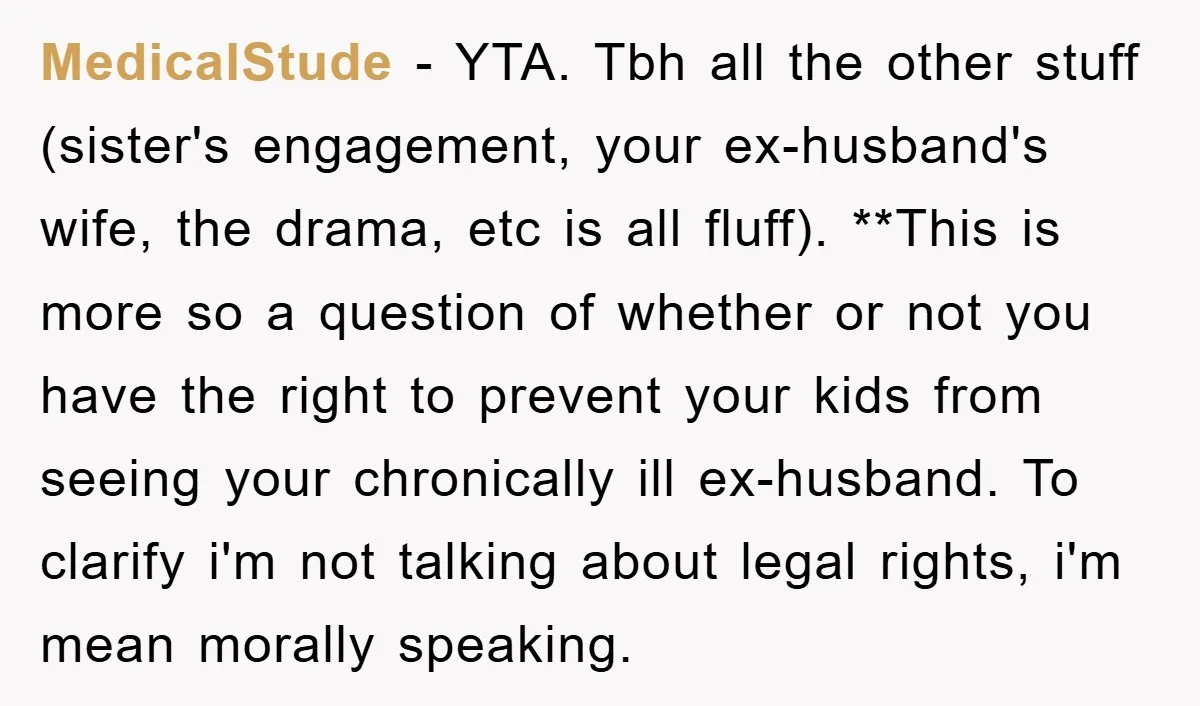 MedicalStude − YTA. Tbh all the other stuff (sister's engagement, your ex-husband's wife, the drama, etc is all fluff). **This is more so a question of whether or not you...