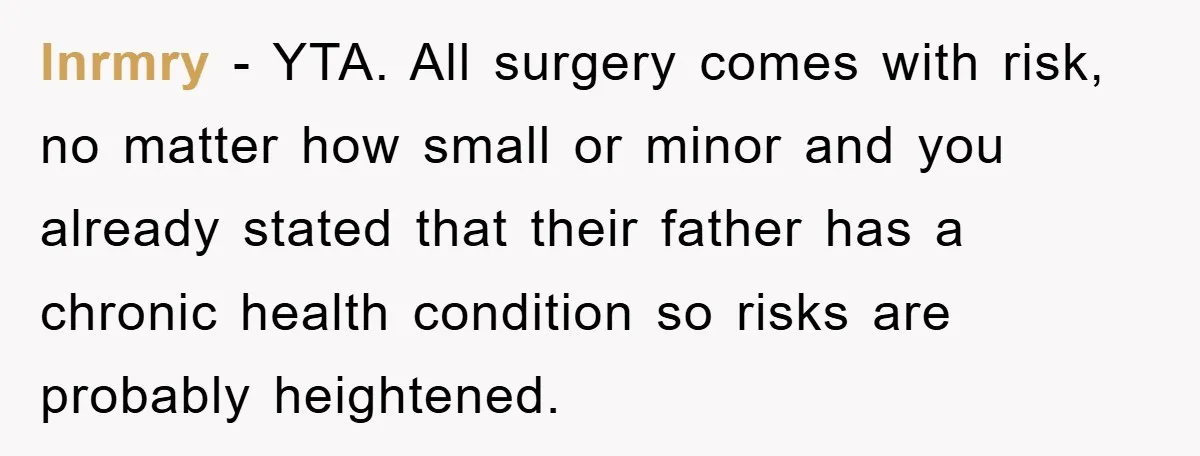 lnrmry − YTA. All surgery comes with risk, no matter how small or minor and you already stated that their father has a chronic health condition so risks are probably...