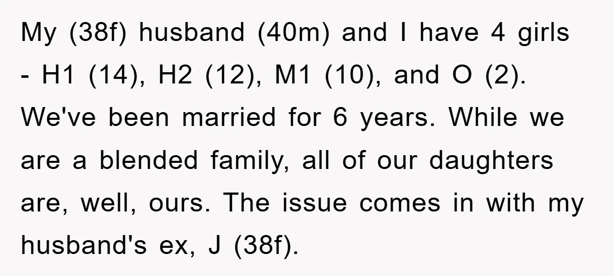 My (38f) husband (40m) and I have 4 girls - H1 (14), H2 (12), M1 (10), and O (2). We've been married for 6 years. While we are a blended...