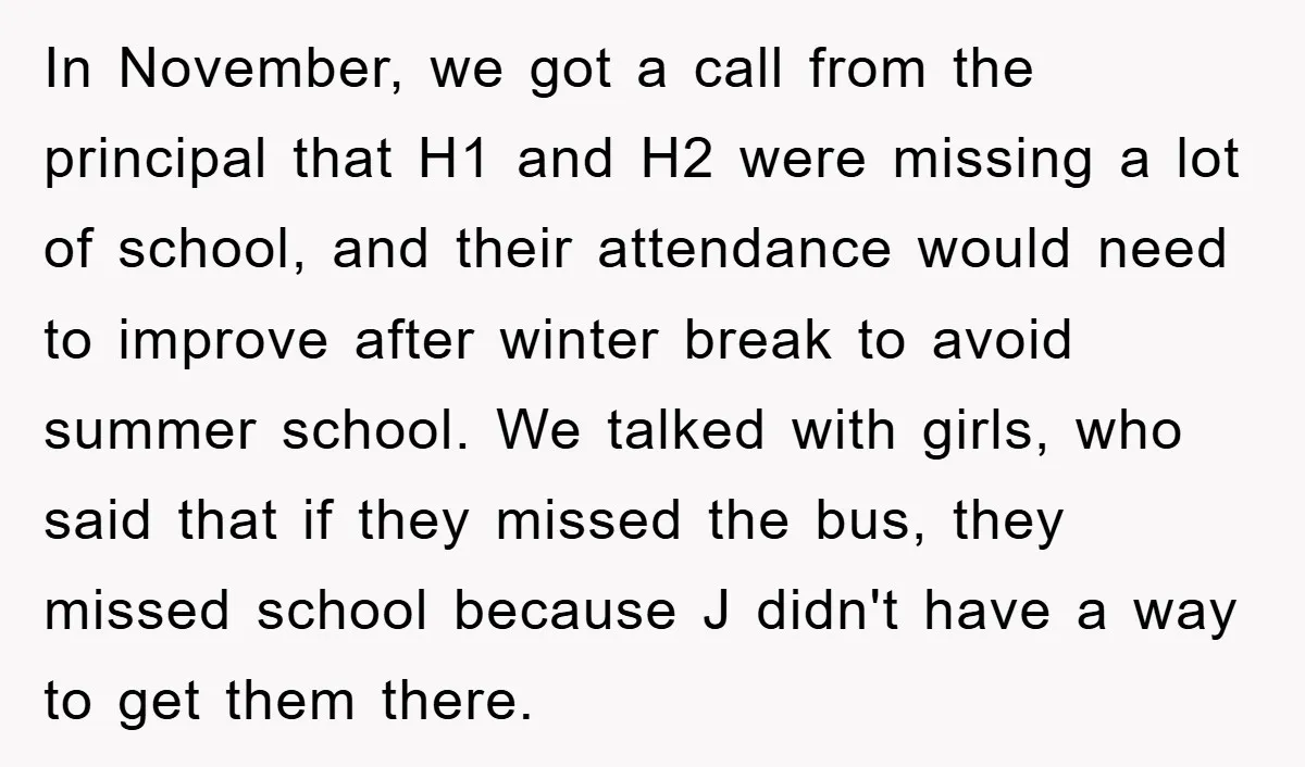 In November, we got a call from the principal that H1 and H2 were missing a lot of school, and their attendance would need to improve after winter break to...