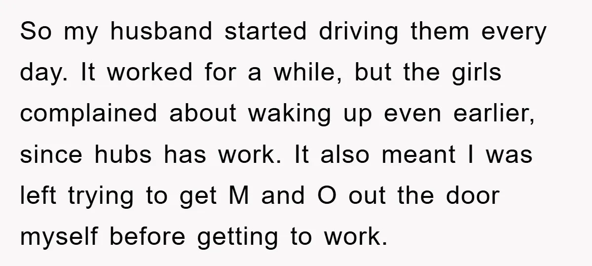 So my husband started driving them every day. It worked for a while, but the girls complained about waking up even earlier, since hubs has work. It also meant I...
