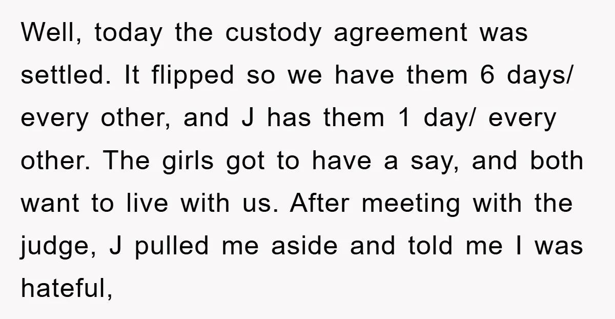 Well, today the custody agreement was settled. It flipped so we have them 6 days/ every other, and J has them 1 day/ every other. The girls got to have...