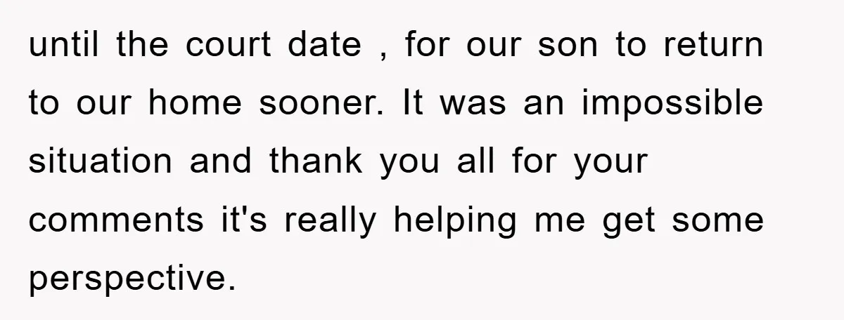 until the court date , for our son to return to our home sooner. It was an impossible situation and thank you all for your comments it's really helping me...