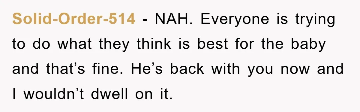Solid-Order-514 − NAH. Everyone is trying to do what they think is best for the baby and that’s fine. He’s back with you now and I wouldn’t dwell on it.