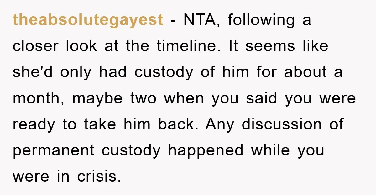 theabsolutegayest − NTA, following a closer look at the timeline. It seems like she'd only had custody of him for about a month, maybe two when you said you were...