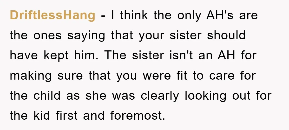 DriftlessHang − I think the only AH's are the ones saying that your sister should have kept him. The sister isn't an AH for making sure that you were fit...