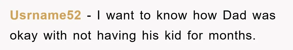 Usrname52 − I want to know how Dad was okay with not having his kid for months.