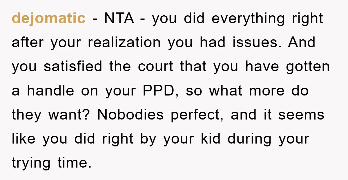 dejomatic − NTA - you did everything right after your realization you had issues. And you satisfied the court that you have gotten a handle on your PPD, so what...