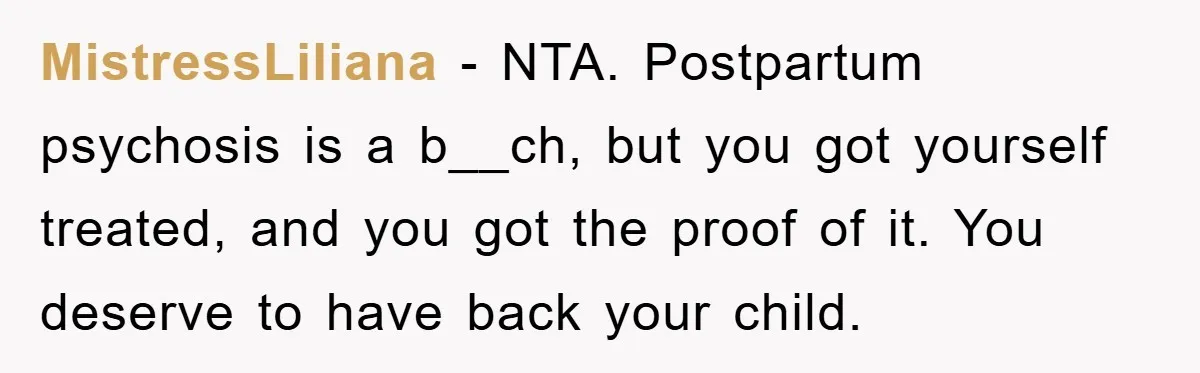 MistressLiliana − NTA. Postpartum psychosis is a b__ch, but you got yourself treated, and you got the proof of it. You deserve to have back your child.