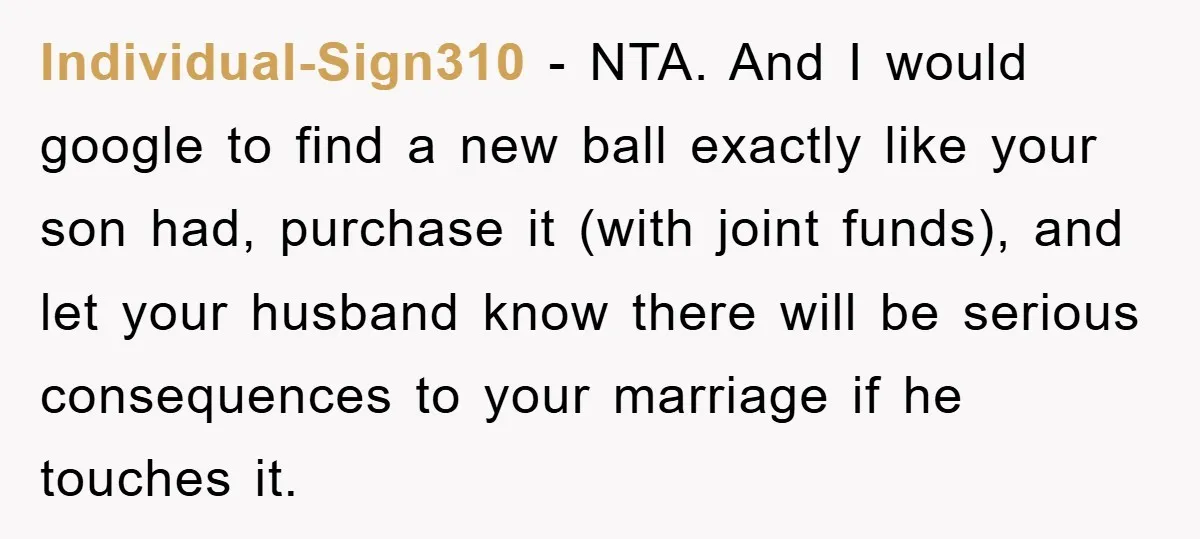 Individual-Sign310 − NTA. And I would google to find a new ball exactly like your son had, purchase it (with joint funds), and let your husband know there will be...