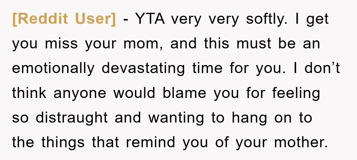 [Reddit User] − YTA very very softly. I get you miss your mom, and this must be an emotionally devastating time for you. I don’t think anyone would blame you...