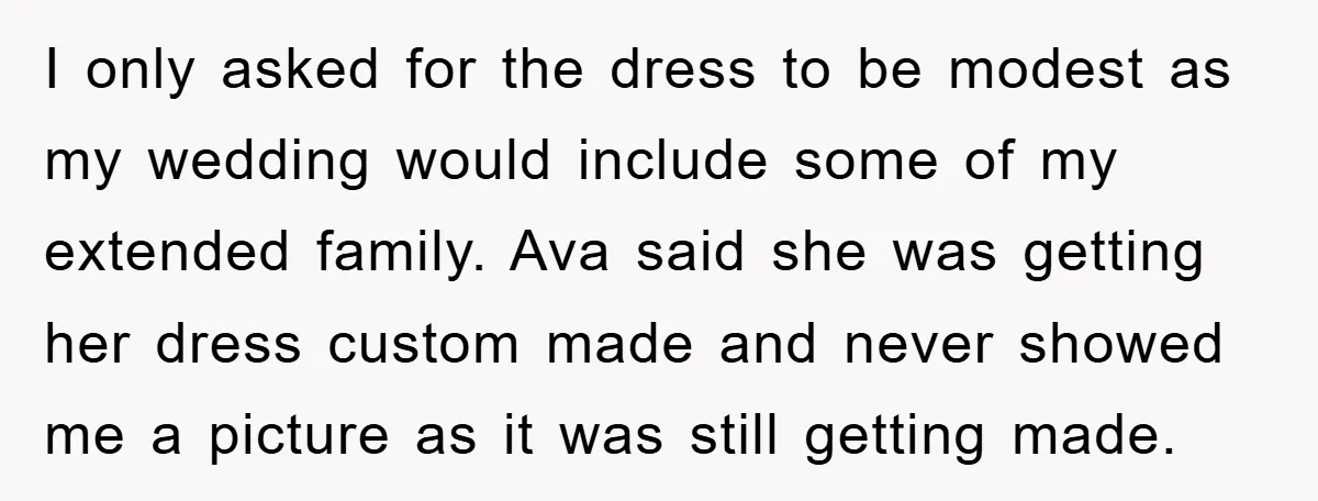 I only asked for the dress to be modest as my wedding would include some of my extended family. Ava said she was getting her dress custom made and never...