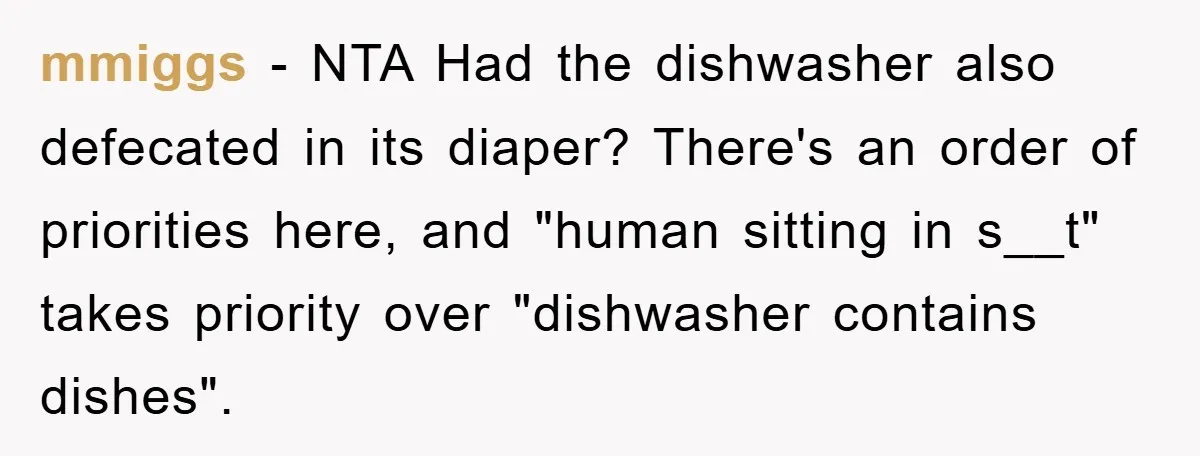 mmiggs − NTA Had the dishwasher also defecated in its diaper? There's an order of priorities here, and "human sitting in s__t" takes priority over "dishwasher contains dishes".