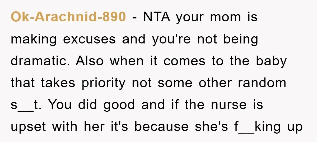Ok-Arachnid-890 − NTA your mom is making excuses and you're not being dramatic. Also when it comes to the baby that takes priority not some other random s__t. You did...