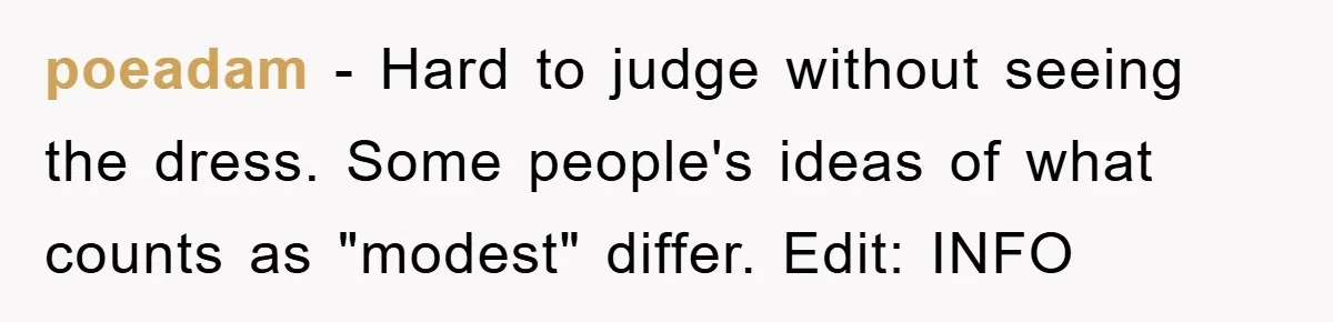 poeadam − Hard to judge without seeing the dress. Some people's ideas of what counts as "modest" differ. Edit: INFO