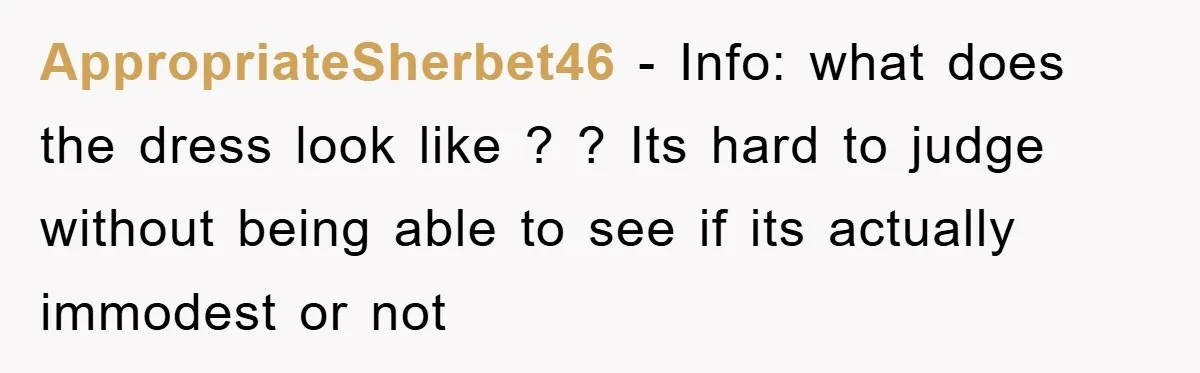 AppropriateSherbet46 − Info: what does the dress look like ? ? Its hard to judge without being able to see if its actually immodest or not