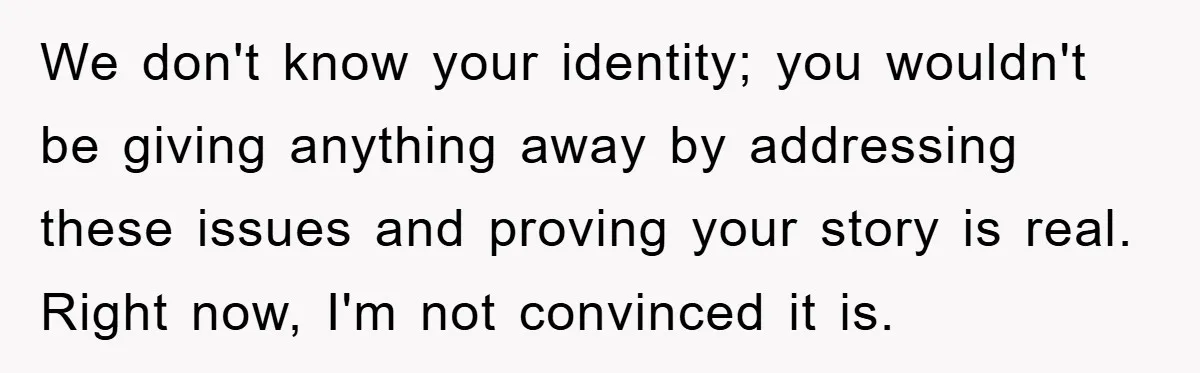We don't know your identity; you wouldn't be giving anything away by addressing these issues and proving your story is real. Right now, I'm not convinced it is.