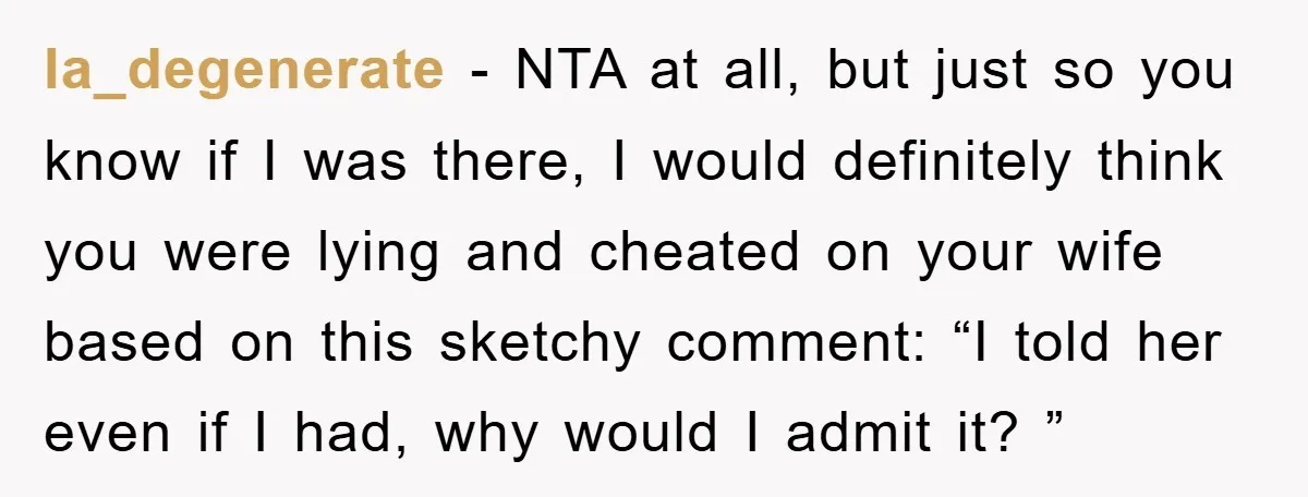 la_degenerate − NTA at all, but just so you know if I was there, I would definitely think you were lying and cheated on your wife based on this sketchy...