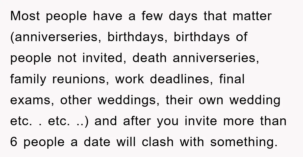 Most people have a few days that matter (anniverseries, birthdays, birthdays of people not invited, death anniverseries, family reunions, work deadlines, final exams, other weddings, their own wedding etc. ....