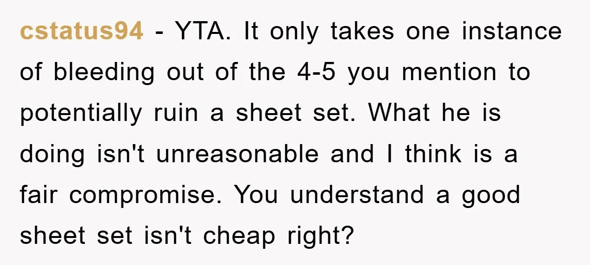 cstatus94 − YTA. It only takes one instance of bleeding out of the 4-5 you mention to potentially ruin a sheet set. What he is doing isn't unreasonable and I...