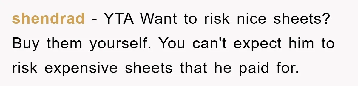shendrad − YTA Want to risk nice sheets? Buy them yourself. You can't expect him to risk expensive sheets that he paid for.