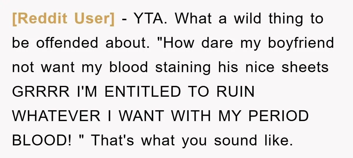 [Reddit User] − YTA. What a wild thing to be offended about. "How dare my boyfriend not want my blood staining his nice sheets GRRRR I'M ENTITLED TO RUIN WHATEVER...