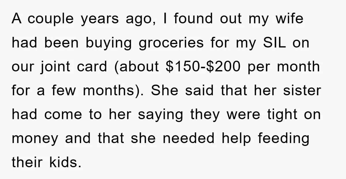 A couple years ago, I found out my wife had been buying groceries for my SIL on our joint card (about $150-$200 per month for a few months). She said...