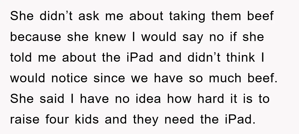She didn’t ask me about taking them beef because she knew I would say no if she told me about the iPad and didn’t think I would notice since we...
