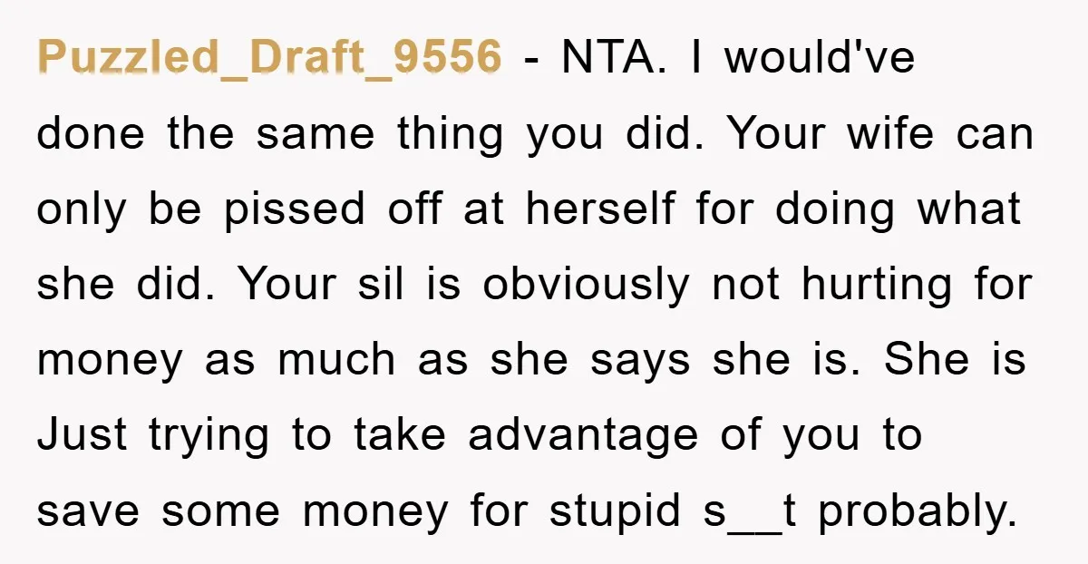 Puzzled_Draft_9556 − NTA. I would've done the same thing you did. Your wife can only be pissed off at herself for doing what she did. Your sil is obviously not...