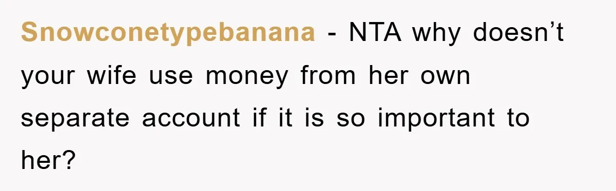 Snowconetypebanana − NTA why doesn’t your wife use money from her own separate account if it is so important to her?