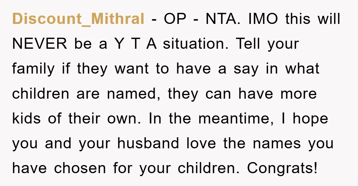 Discount_Mithral − OP - NTA. IMO this will NEVER be a Y T A situation. Tell your family if they want to have a say in what children are named,...