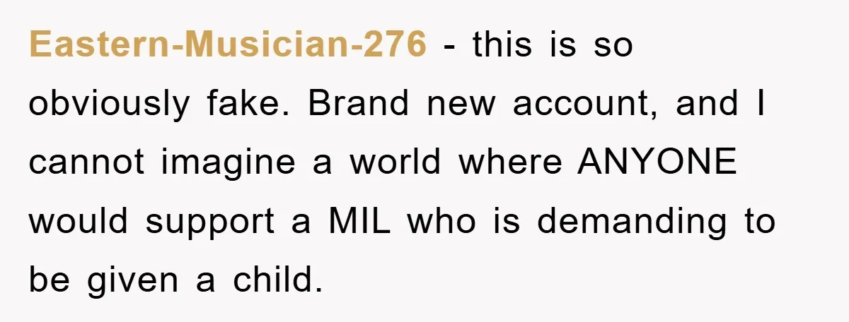Eastern-Musician-276 − this is so obviously fake. Brand new account, and I cannot imagine a world where ANYONE would support a MIL who is demanding to be given a child.