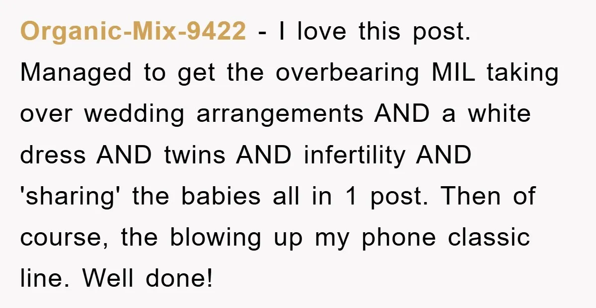 Organic-Mix-9422 − I love this post. Managed to get the overbearing MIL taking over wedding arrangements AND a white dress AND twins AND infertility AND 'sharing' the babies all in...