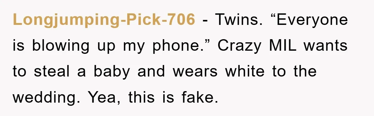 Longjumping-Pick-706 − Twins. “Everyone is blowing up my phone.” Crazy MIL wants to steal a baby and wears white to the wedding. Yea, this is fake.