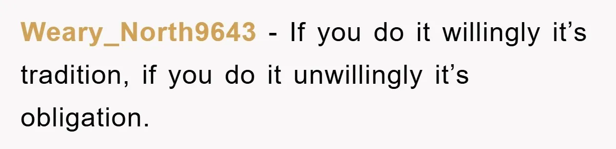 Weary_North9643 − If you do it willingly it’s tradition, if you do it unwillingly it’s obligation.