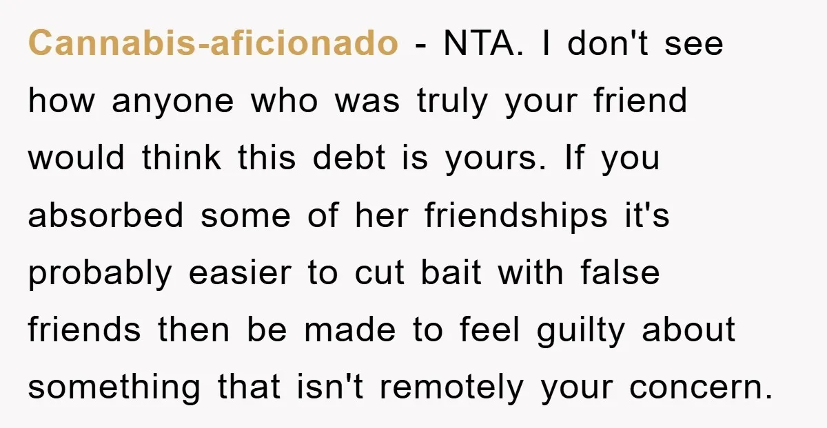 Cannabis-aficionado − NTA. I don't see how anyone who was truly your friend would think this debt is yours. If you absorbed some of her friendships it's probably easier to...