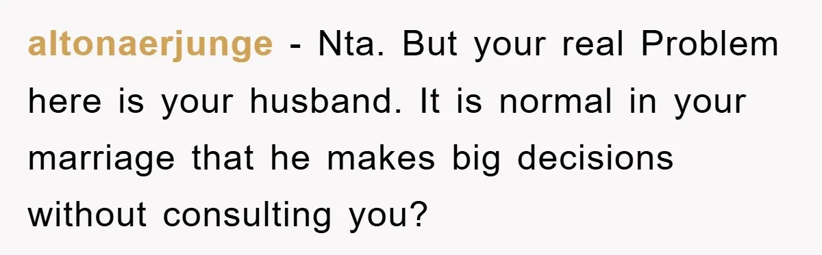 altonaerjunge − Nta. But your real Problem here is your husband. It is normal in your marriage that he makes big decisions without consulting you?