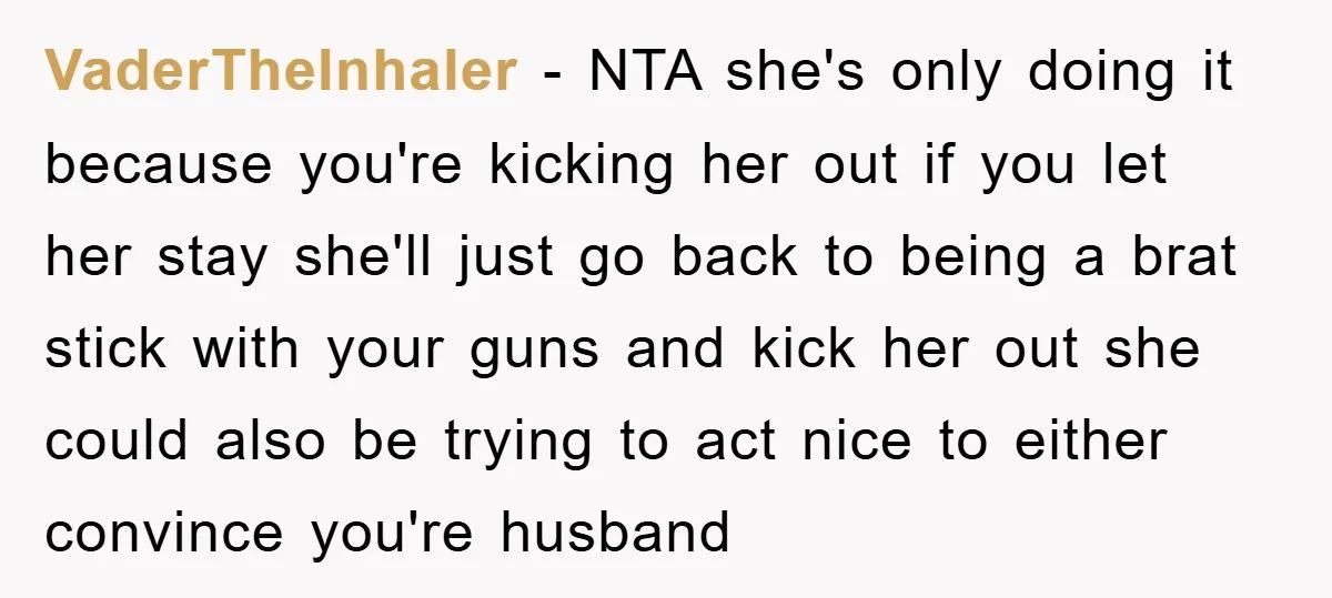 VaderTheInhaler − NTA she's only doing it because you're kicking her out if you let her stay she'll just go back to being a brat stick with your guns and...