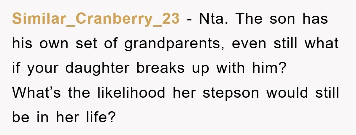 Similar_Cranberry_23 − Nta. The son has his own set of grandparents, even still what if your daughter breaks up with him? What’s the likelihood her stepson would still be in...
