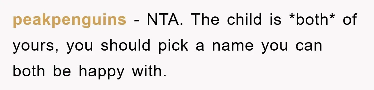 peakpenguins − NTA. The child is *both* of yours, you should pick a name you can both be happy with.
