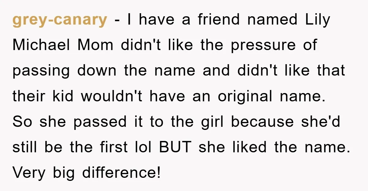 grey-canary − I have a friend named Lily Michael Mom didn't like the pressure of passing down the name and didn't like that their kid wouldn't have an original name....