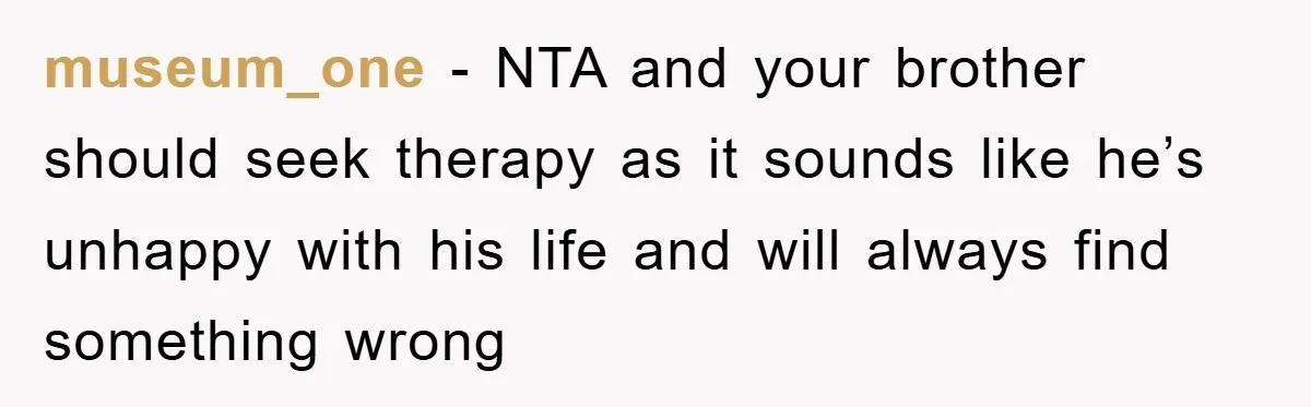 museum_one − NTA and your brother should seek therapy as it sounds like he’s unhappy with his life and will always find something wrong