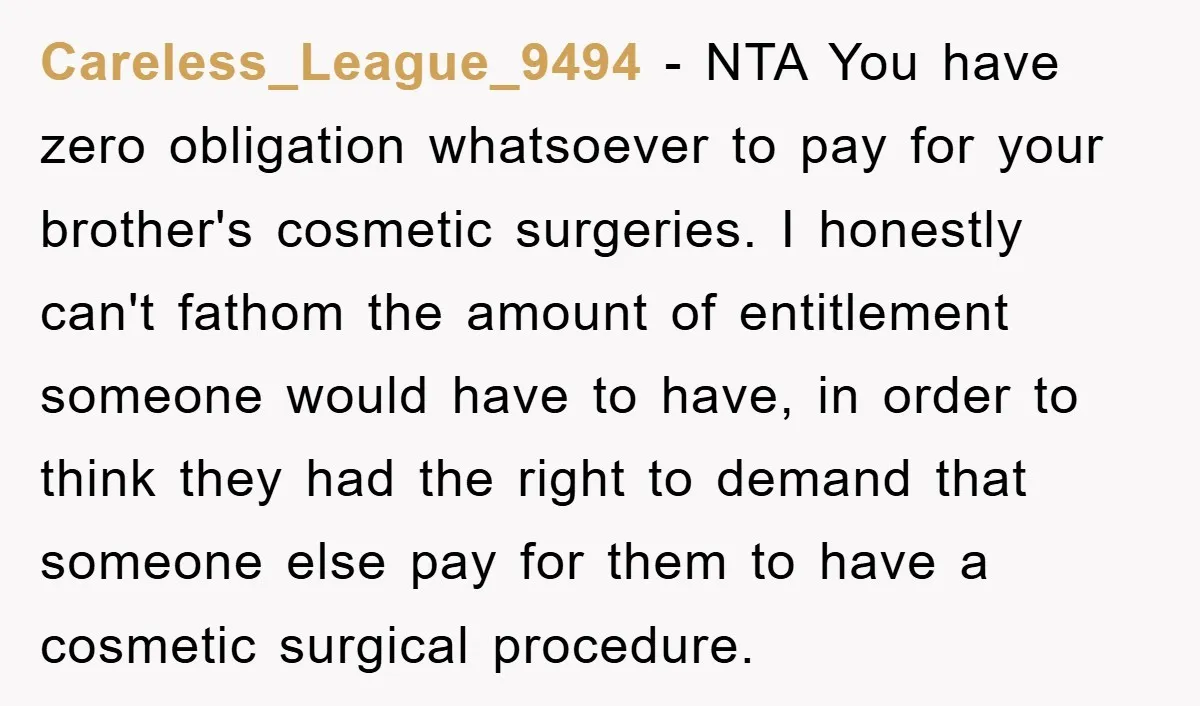 Careless_League_9494 − NTA You have zero obligation whatsoever to pay for your brother's cosmetic surgeries. I honestly can't fathom the amount of entitlement someone would have to have, in order...