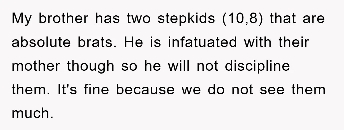 My brother has two stepkids (10,8) that are absolute brats. He is infatuated with their mother though so he will not discipline them. It's fine because we do not see...