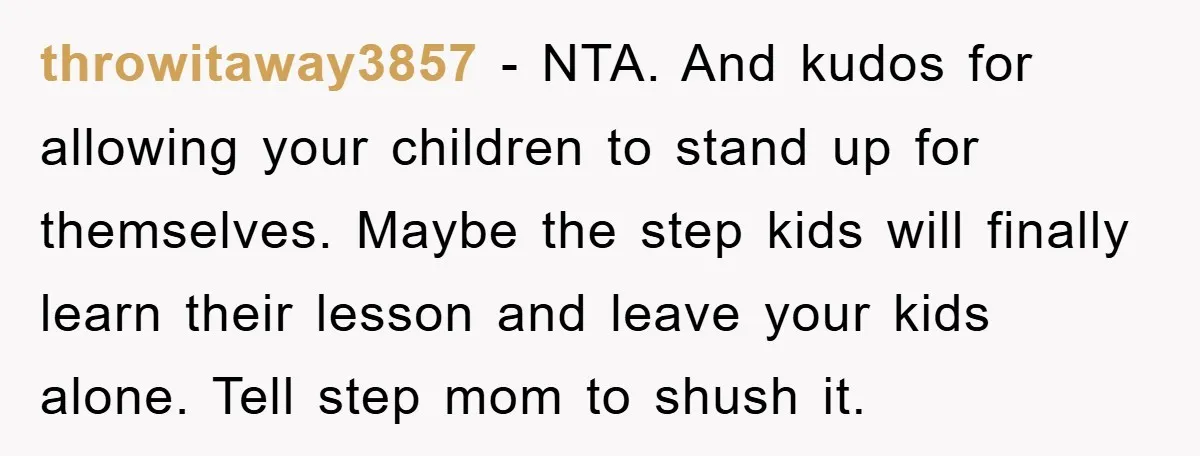 throwitaway3857 − NTA. And kudos for allowing your children to stand up for themselves. Maybe the step kids will finally learn their lesson and leave your kids alone. Tell step...