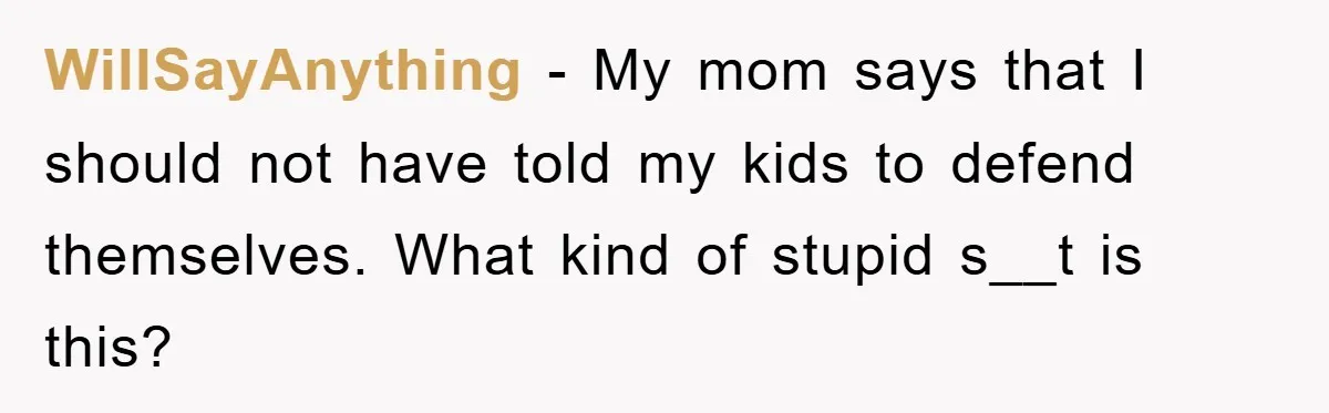 WillSayAnything − My mom says that I should not have told my kids to defend themselves. What kind of stupid s__t is this?